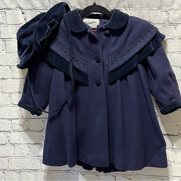 Vintage ROTHSCHILD Girls Navy Dress Coat Velvet Trim with Hat Size 3T - Picture 1 of 14